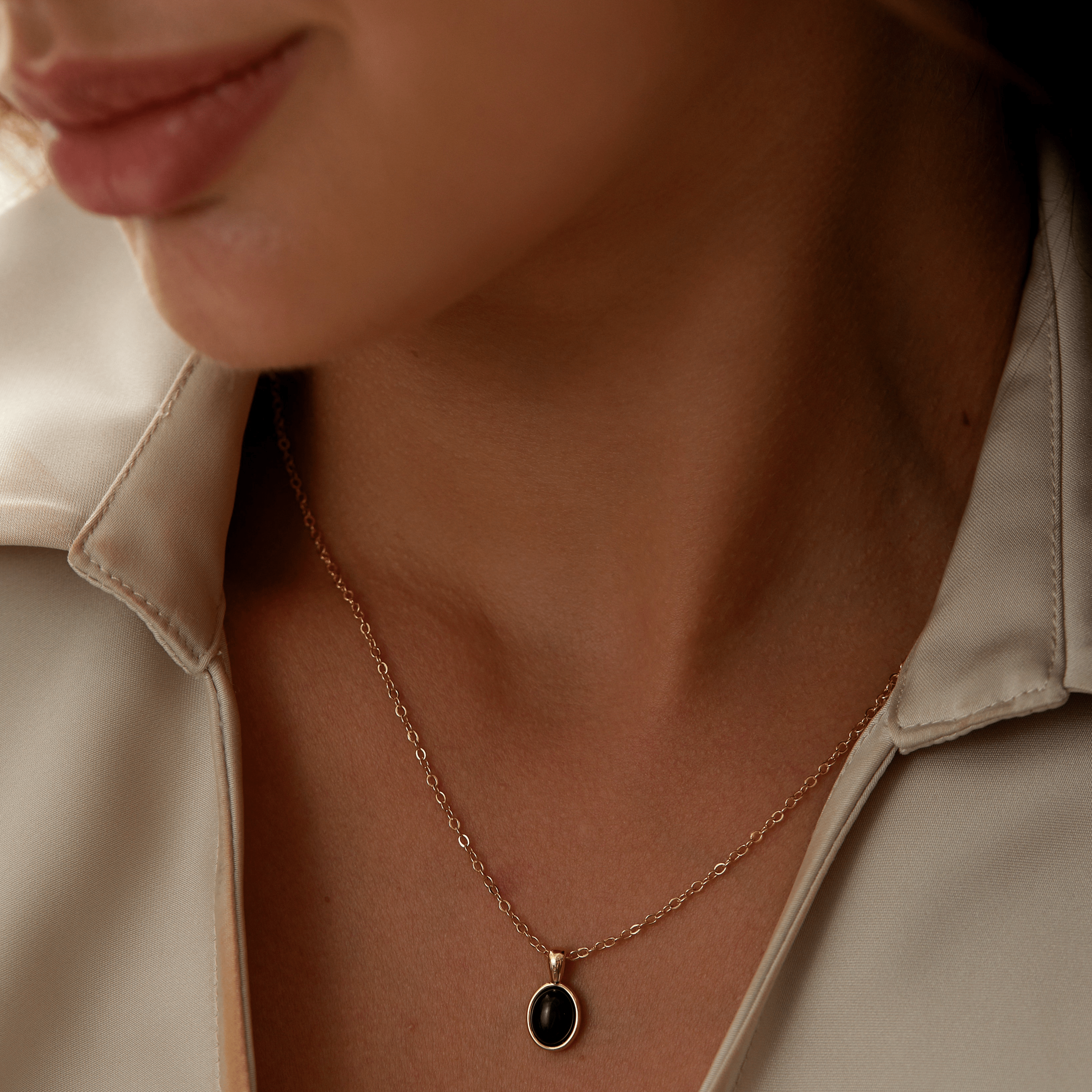 Oval Black Agate Pendant Necklace -